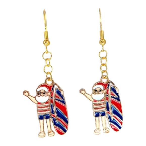 Surfing Santa Earrings | Beach Christmas Jewelry | Tropical Holiday Dangle - Picture 1 of 4